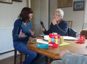 Peter interviewing Clare and enjoying some cheese at the same time!